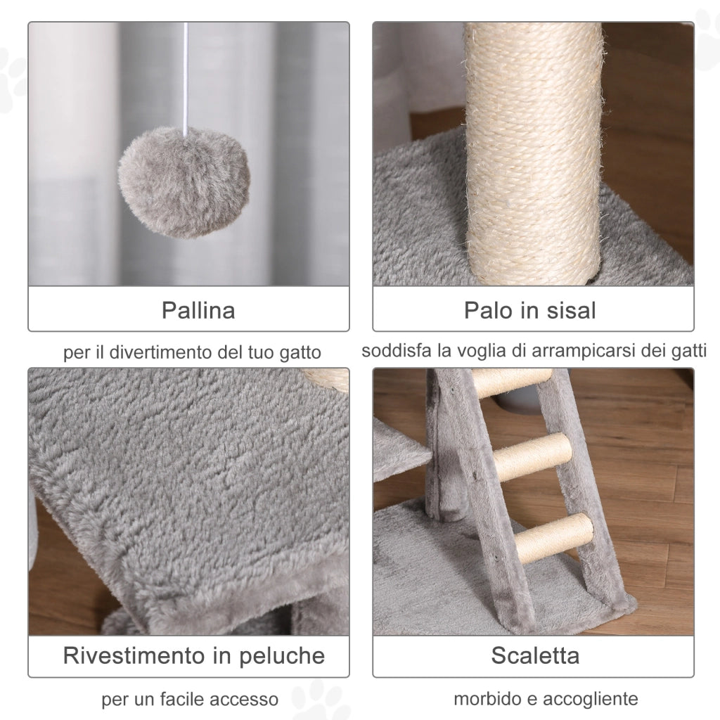 Tiragraffi per Gatti con Cuccia, Scala e Corde ¨C zephmum ¨C Grigio Chiaro, Sisal, 50x40x120 cm