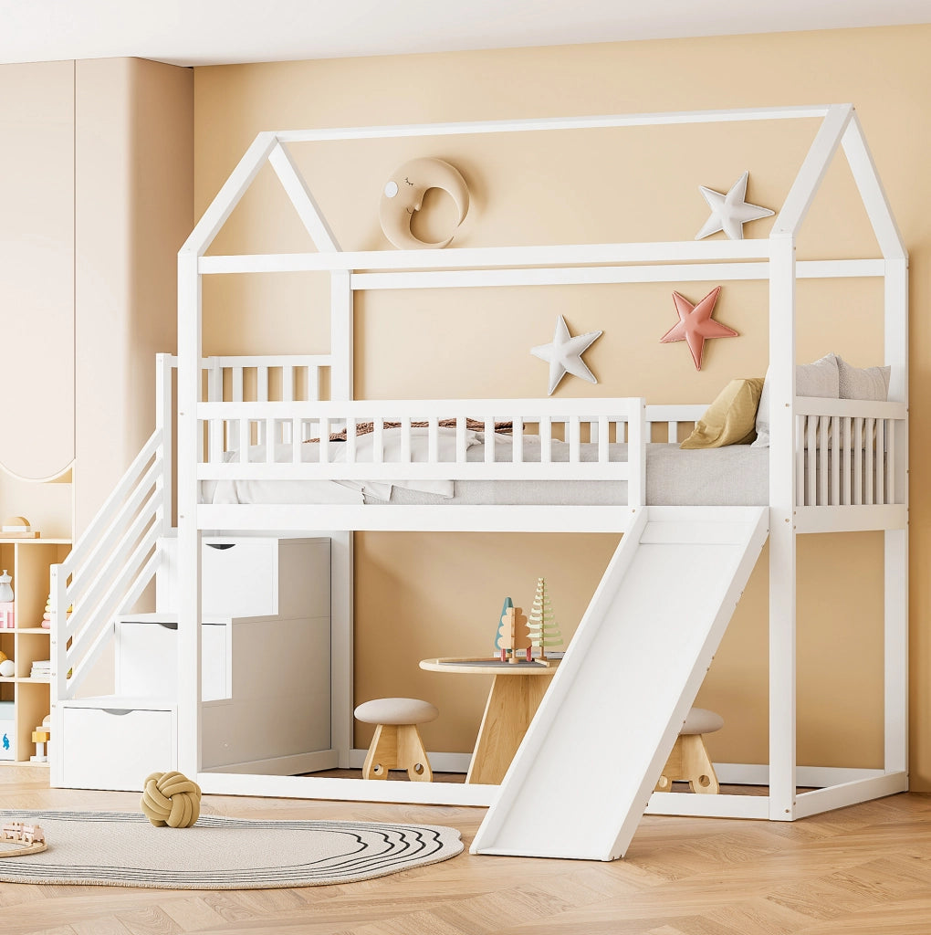 Letto a soppalco 90x200 cm con scivolo e scala contenitore in legno; metallo; compensato e MDF bianco