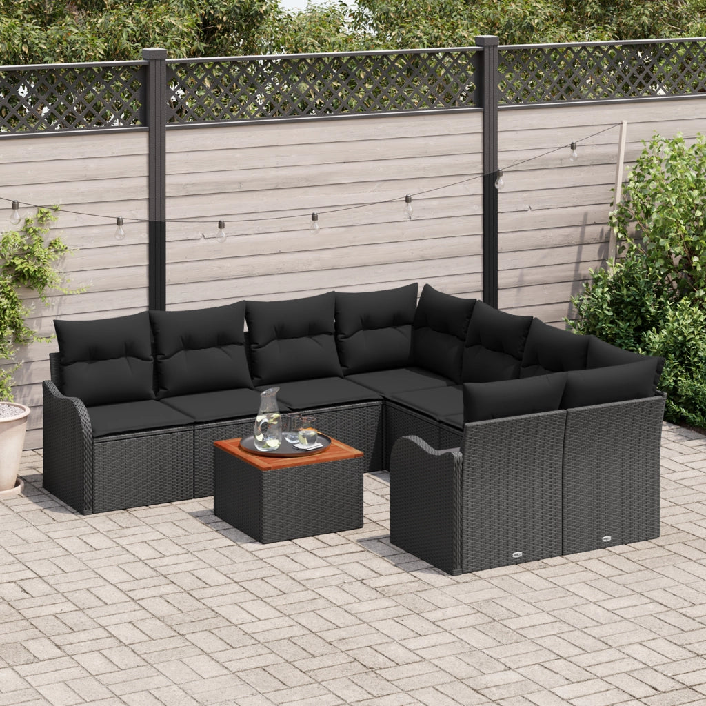 Set Divani Giardino  da 9 Pezzi con Cuscini Rattan Nero Acacia