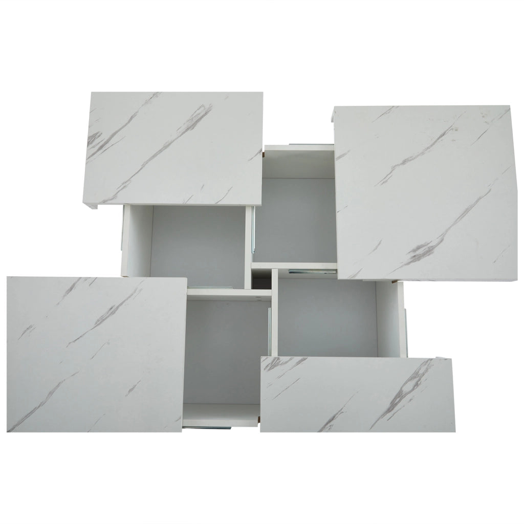 Tavolino da caffè 90x90x25 cm; 4 cassetti con piano scorrevole; truciolare effetto marmo bianco