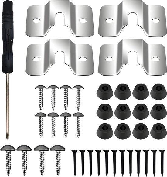 Set di agganci per parete per tavoli da darts, composto da 4 pezzi, inclusivo kit di viti e chiave a serramanico da miniatura.