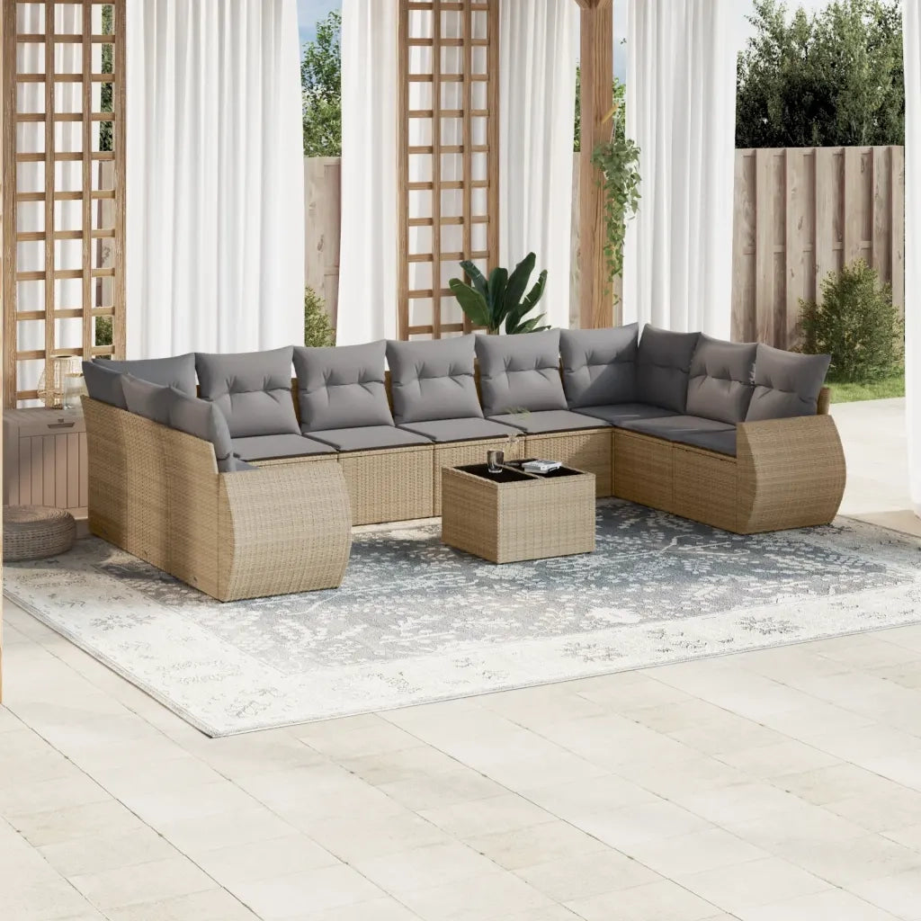 Set Divani da Giardino 11 pz con Cuscini Beige in Polyrattan