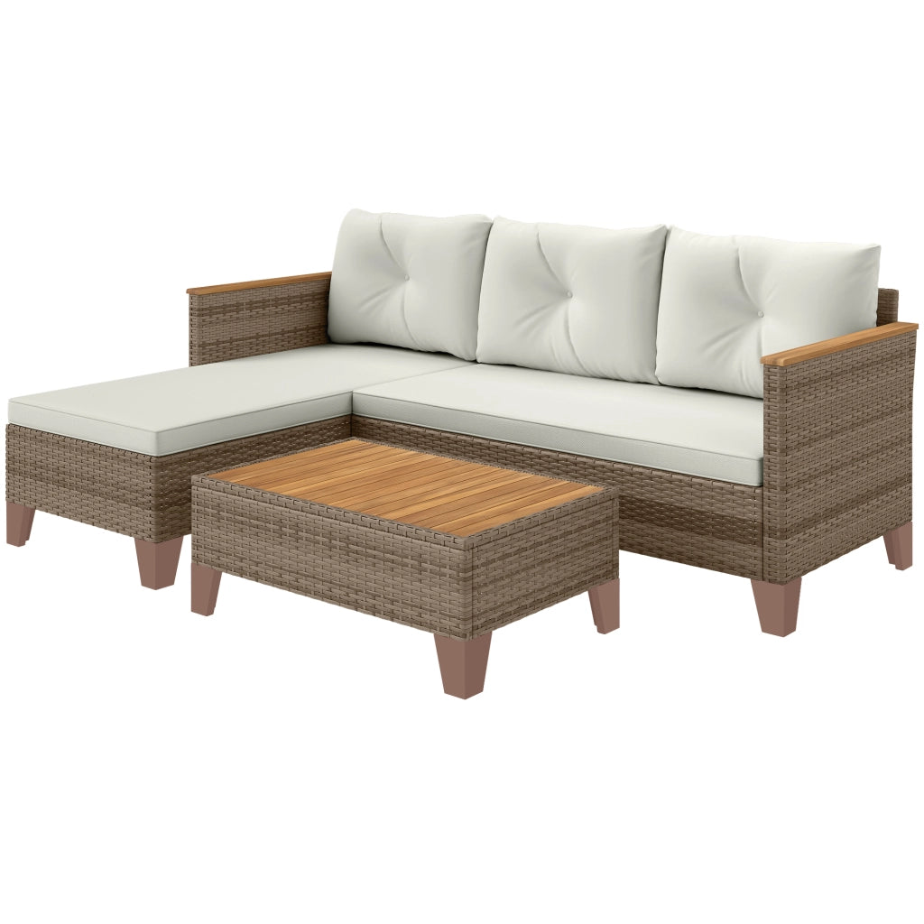 Salotto da Giardino in Rattan PE con Divano 2 Posti, Chaise Longue e Tavolino da Caff¨¨, Crema