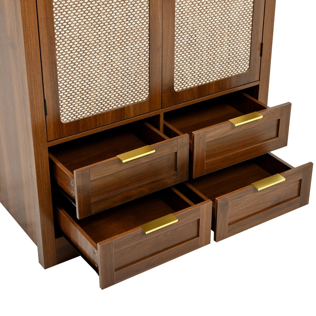 Armadio con ante curve in rattan e cassetto, asta appendiabiti, per camera da letto e ingresso, MDF, noce, 80 × 50 × 179 cm
