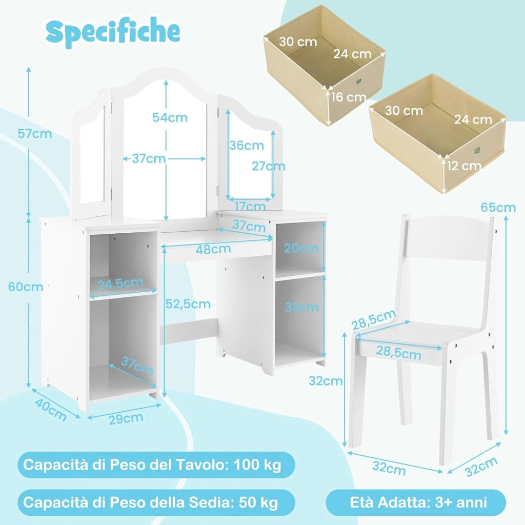 Toeletta Trucco 2 in 1 per Bambina, Specchiera Staccabile per Ragazza in Legno Robusto con 4 Cassetti in Tessuto, Sgabello e Specchio, Postazione Trucco per 3 Anni, 104 x 40 x 117 cm (Bianco)
