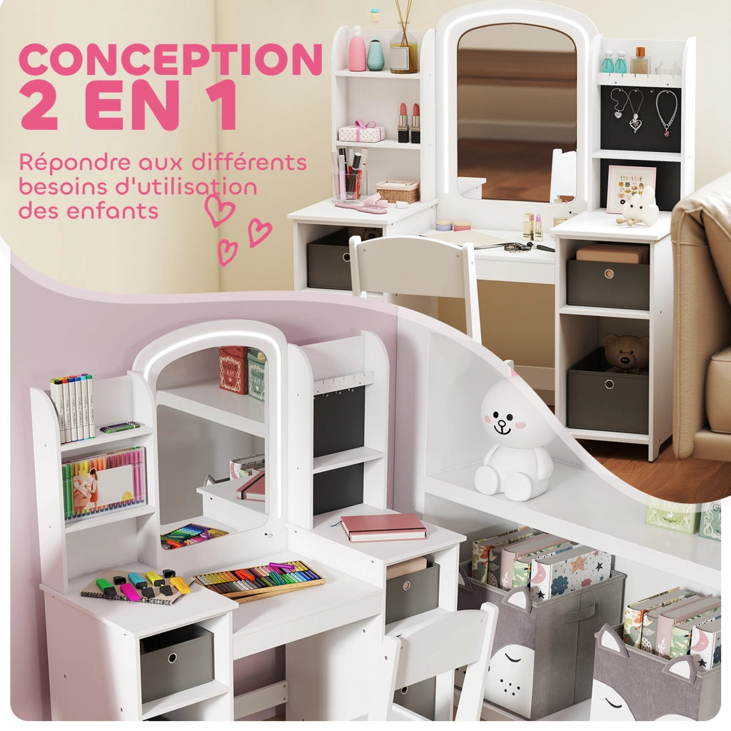 Tavolo da trucco bambini con sgabello e specchio LED ¨C zephmum ¨C 104x40x112 bianco
