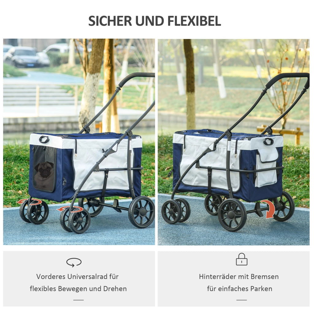 Carrello pieghevole per animali con culla removibile, 2 guinzagli di sicurezza, ruote EVA, in poliestere blu