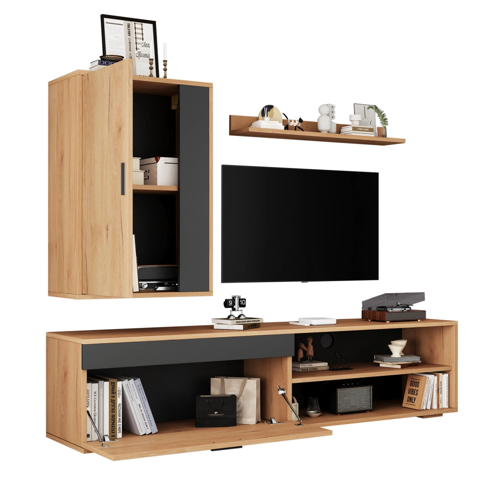 Mobile porta TV con 2 ante e 2 vani aperti, per soggiorno, in truciolare, rovere e nero, 140 × 35 × 39 cm