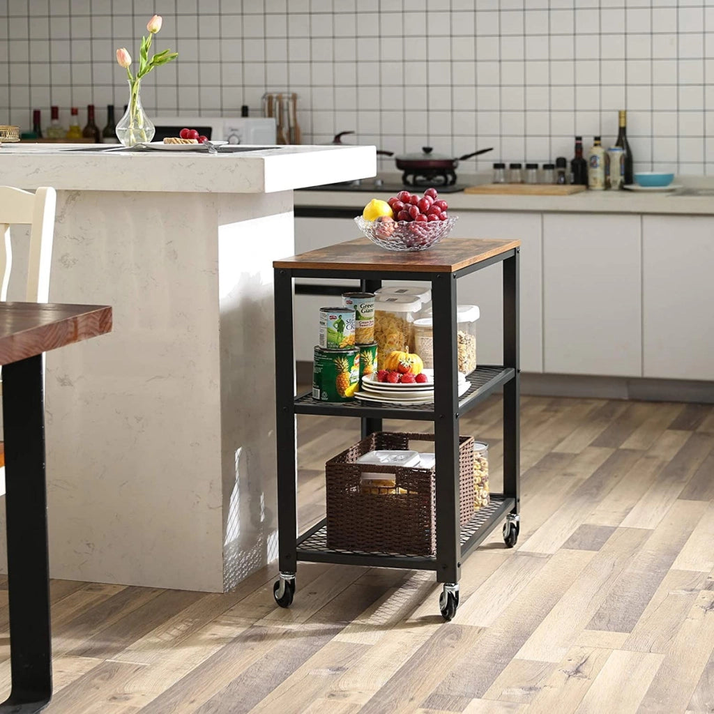 Tavolino Industriale su Ruote con 3 Ripiani - Stile Vintage