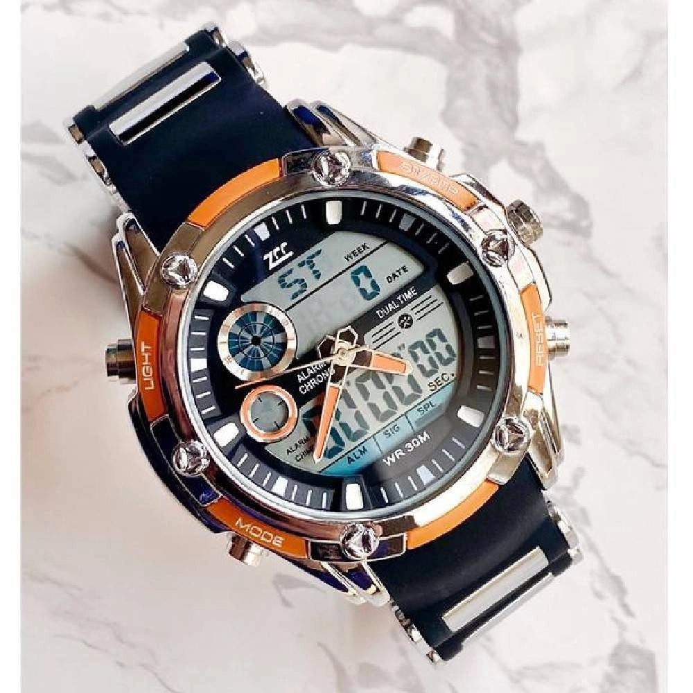 Trade Shop - Orologio Polso Zcc 1313 Uomo Quarzo Dual Time Multifunzione Arancio Nero Silver -
