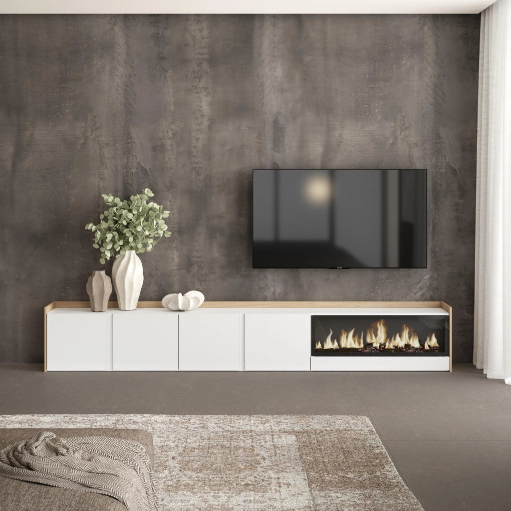 Mobile TV Soggiorno, 315x50x35 cm, Per TV fino a 80", Camino elettrico XXL, Bianco e Rovere soft