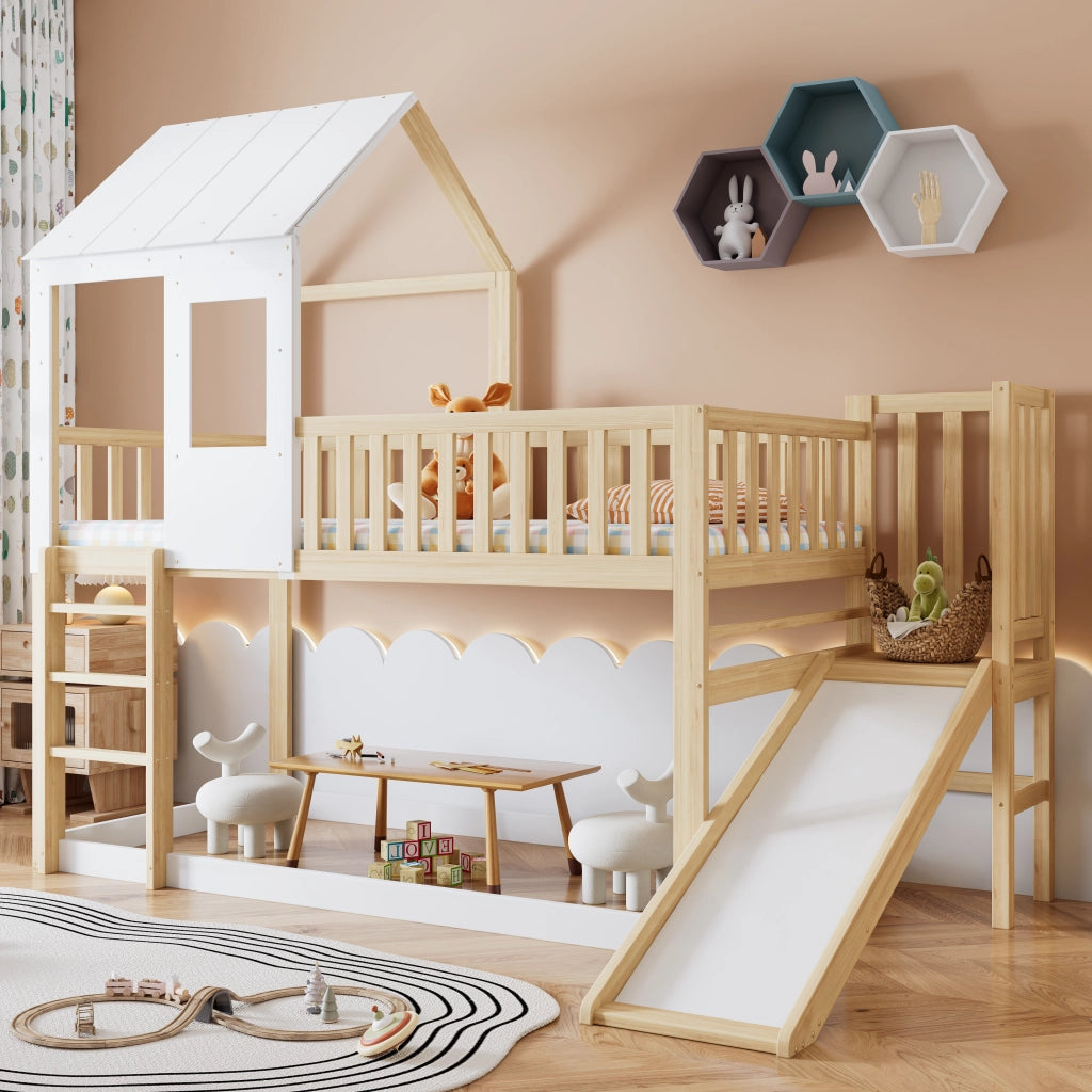 LETTO A CASTELLO con scivolo, tetto e finestra 90x200 cm legno naturale/bianco
