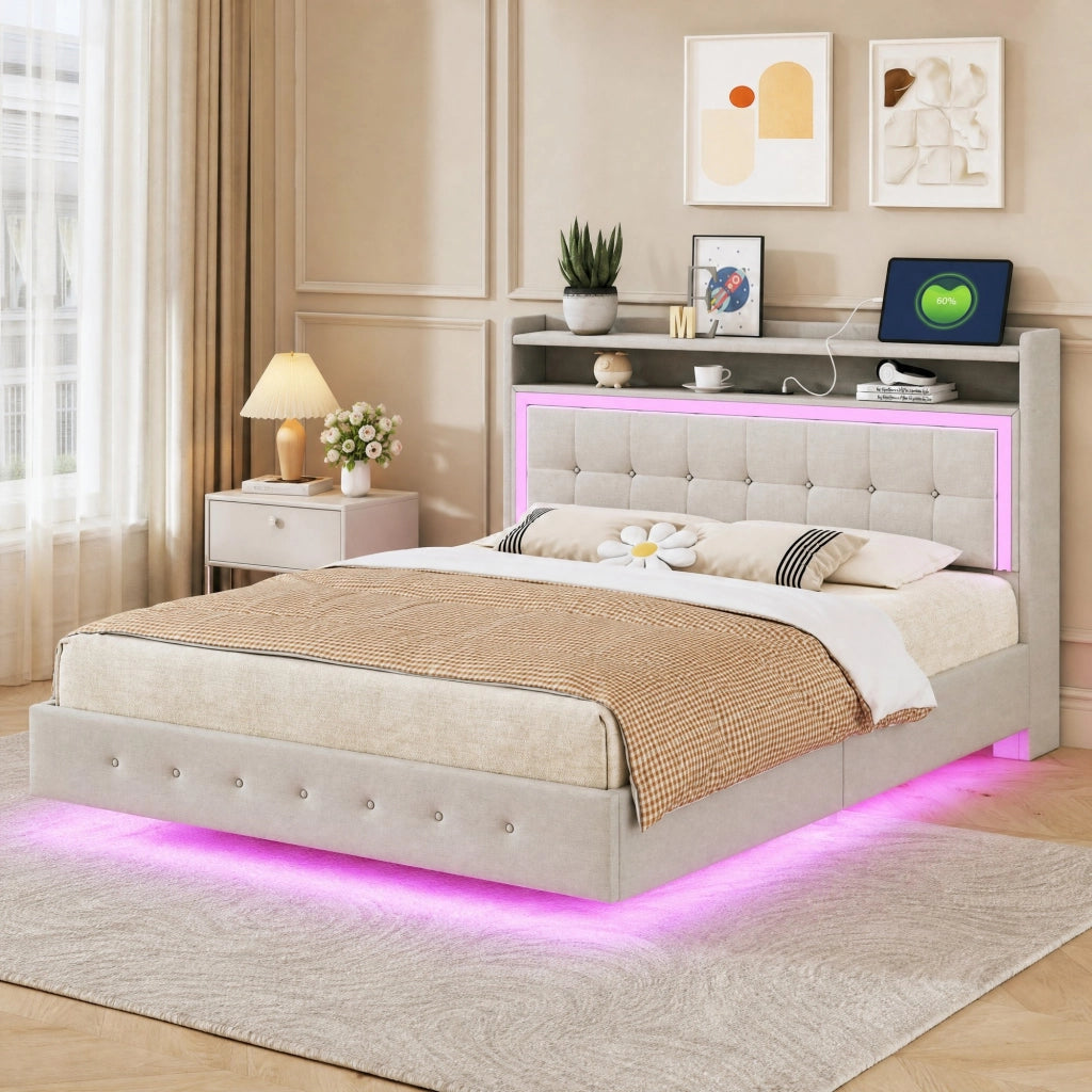 LETTO imbottito 140x200 cm beige in lino con USB e luci LED