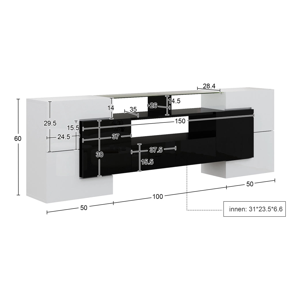 Mobile TV con 6 Ante; 2 Cassetti e LED; Bianco e Nero Lucido; 200¡Á35¡Á60 cm; in Pannello Truciolare