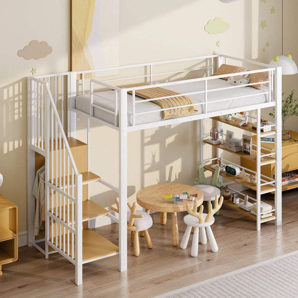 Letto a Soppalco Singolo con Scala Contenitore; Armadio Compatto e Mensole; 90 x 200 cm; senza Materasso