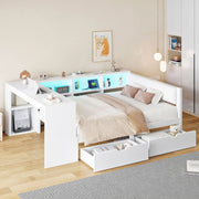 Letto per adulti 140 × 200 cm con testiera imbottita, ripiani, 2 cassetti, prese USB e LED, senza materasso, bianco