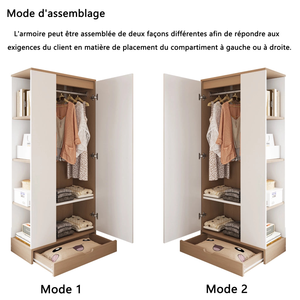 Armadio con 1 anta e ripiani regolabili per camera da letto e soggiorno in legno, bianco naturale 70 × 40 × 170 cm