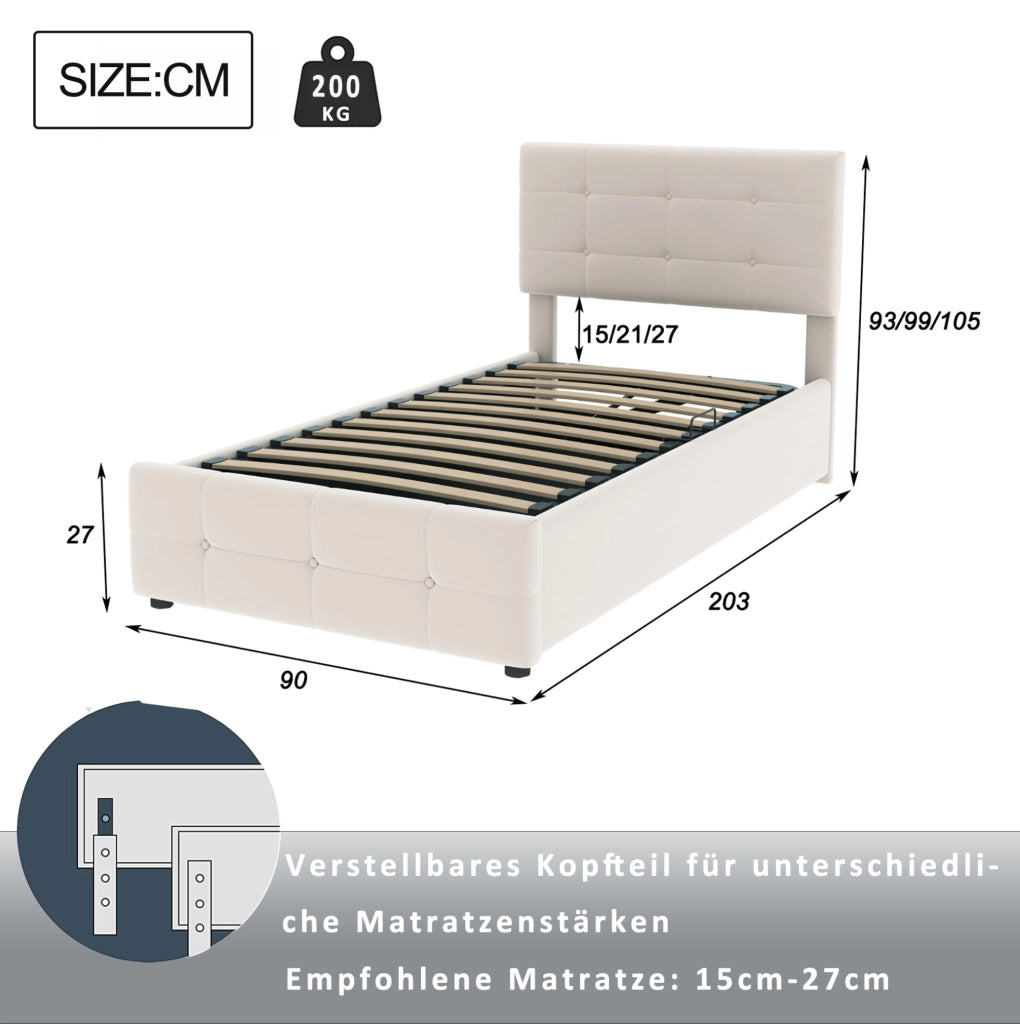 Letto imbottito bambini 90x200 cm; contenitore idraulico; velluto beige (Senza materasso)