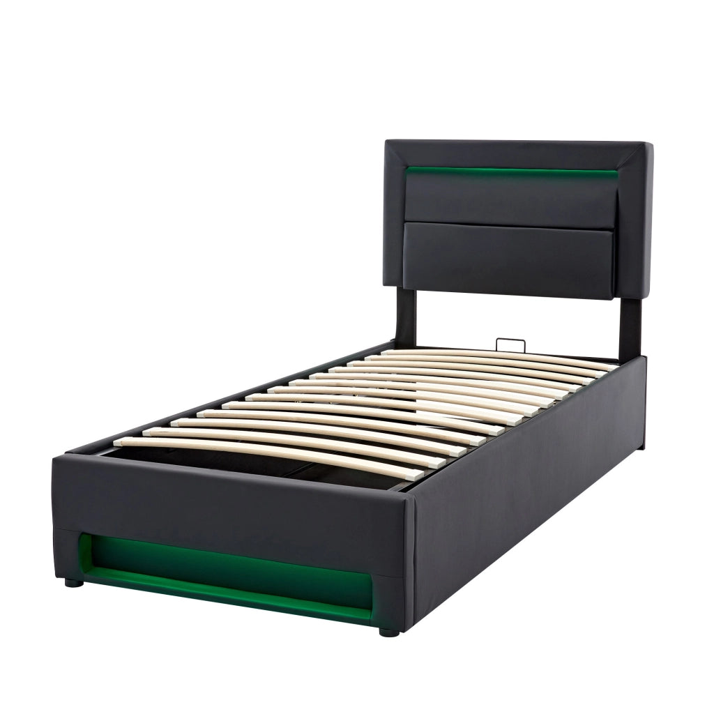 Letto imbottito 90 x 190 cm in PU nero; con LED; USB e contenitore