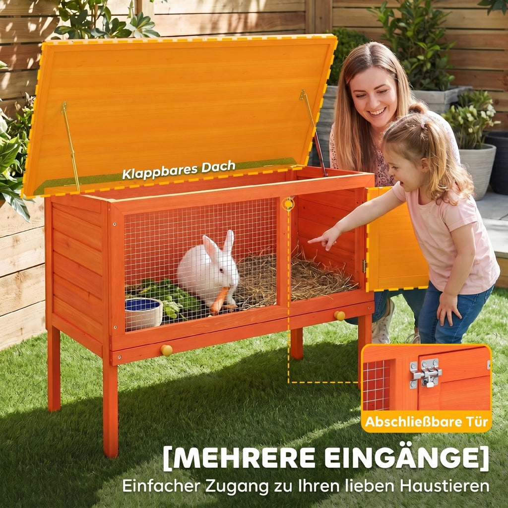 Gabbia per conigli con cassetto e tetto apribile ¨C Xylo ¨C Legno arancione 90x45x65 cm