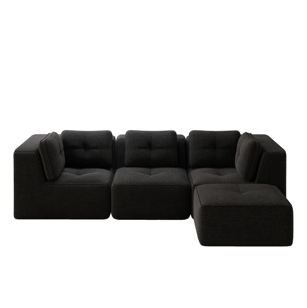 Divano angolare modulare in velluto a coste con ottomana 297x177x69 cm; nero