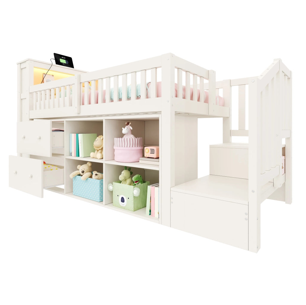 LETTO Semialto 90x200 cm con Scrivania, Ripiani, LED e USB Bianco
