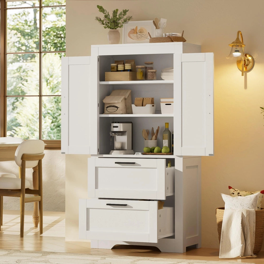 Mobile contenitore con 2 cassetti e ripiani regolabili, stile rustico, per cucina sala da pranzo e soggiorno, bianco