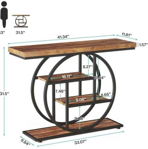 Consolle 105x30x80 cm nera effetto legno, 4 ripiani, metallo e legno,
