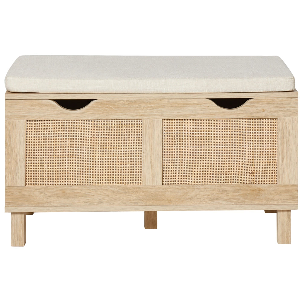 Panca portaoggetti Legno chiaro Legno ingegnerizzato Fronti in rattan Cuscini sul piano Fronti intrecciati Corridoio