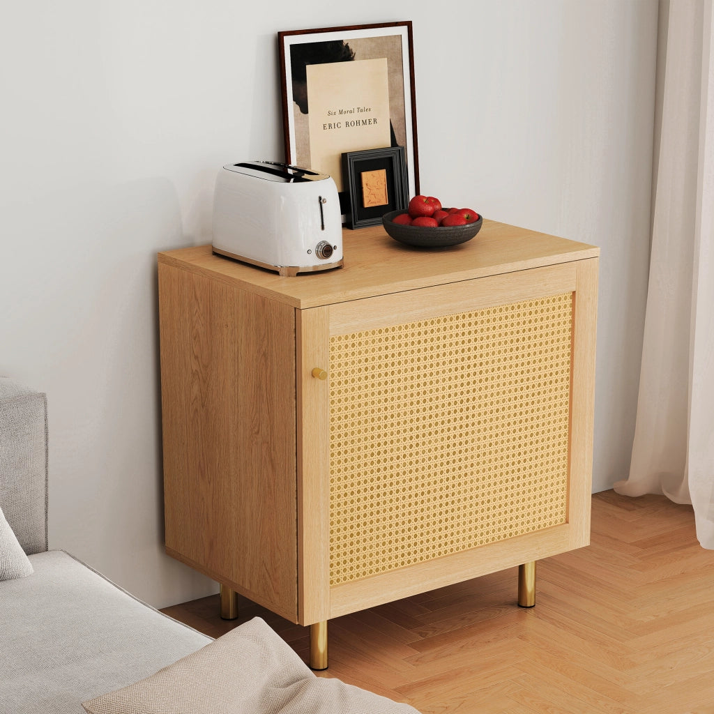 ARMADIO A 1 ANTA 63x60x40 cm Effetto legno naturale con rattan
