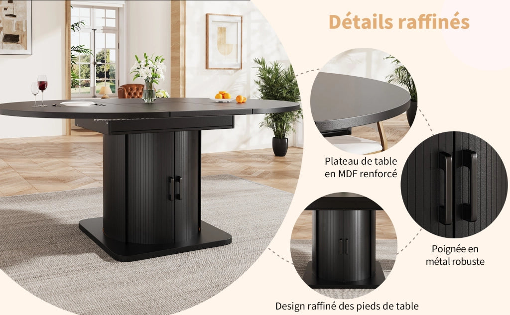 Tavolo allungabile per 4-6 persone con maniglia in metallo e spazio contenitore, stile moderno, in MDF, nero, 118 × 118 × 76 cm