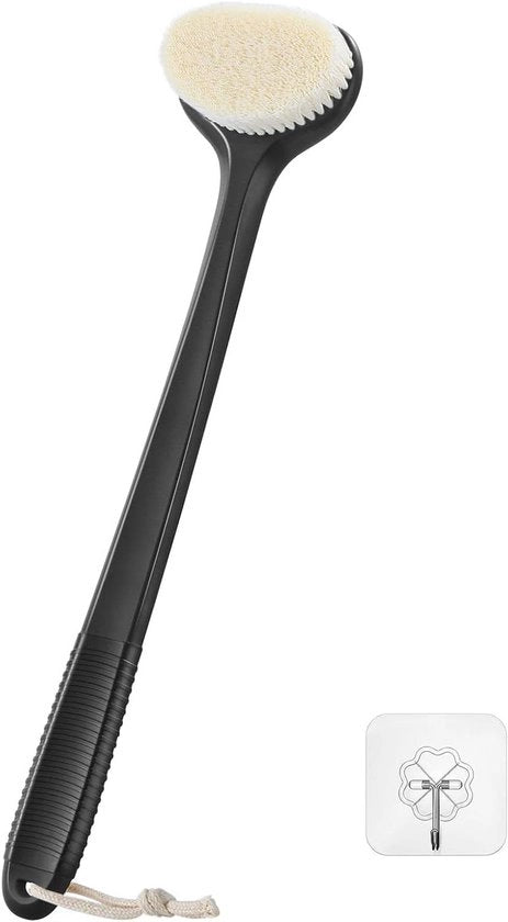 Spazzola per la schiena dopo il bagno – 43 cm Maniglia antiscivolo Lunga Maniglia a mano media Peli di cinghiale selvatico duro per esfoliazione leggera – Nero