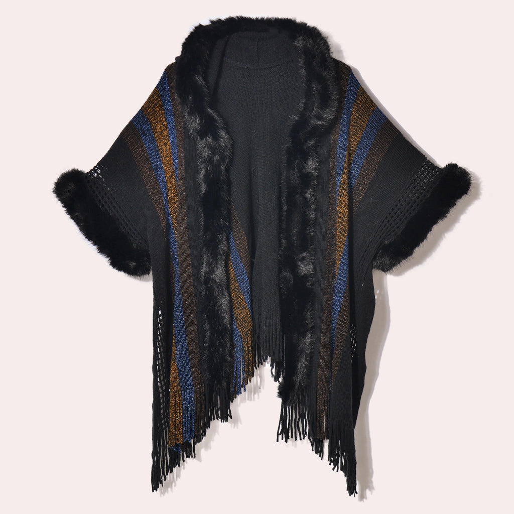 Nuovo maglione/scialle da donna con cappuccio e collo in pelliccia sintetica