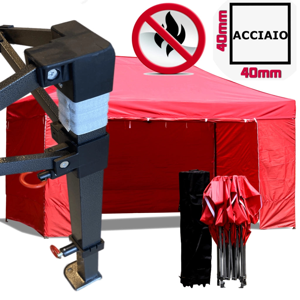 Gazebo 3x4,5m rosso certificato IGNIFUGO pieghevole portatile estendibile richiudibile estensibile acciaio con laterali per fiere eventi stand chiosco tenda tendone mercato mercatino