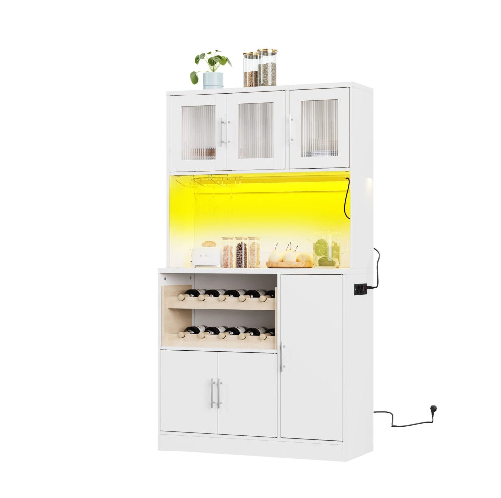Credenza cucina 100x40x180 cm con LED RGB; presa integrata e vetro zigrinato in MDF bianco