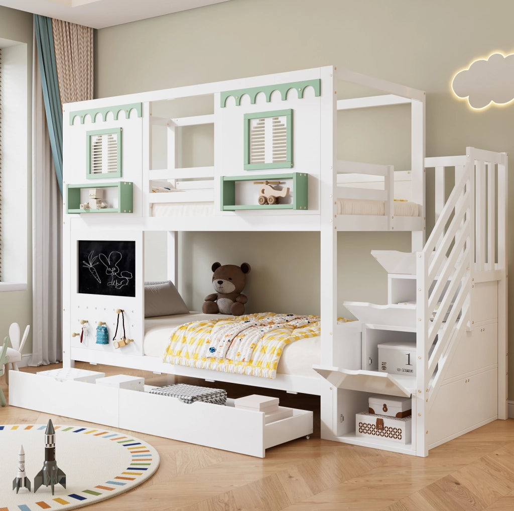 Letto a castello per bambini con cassetti e scala contenitore