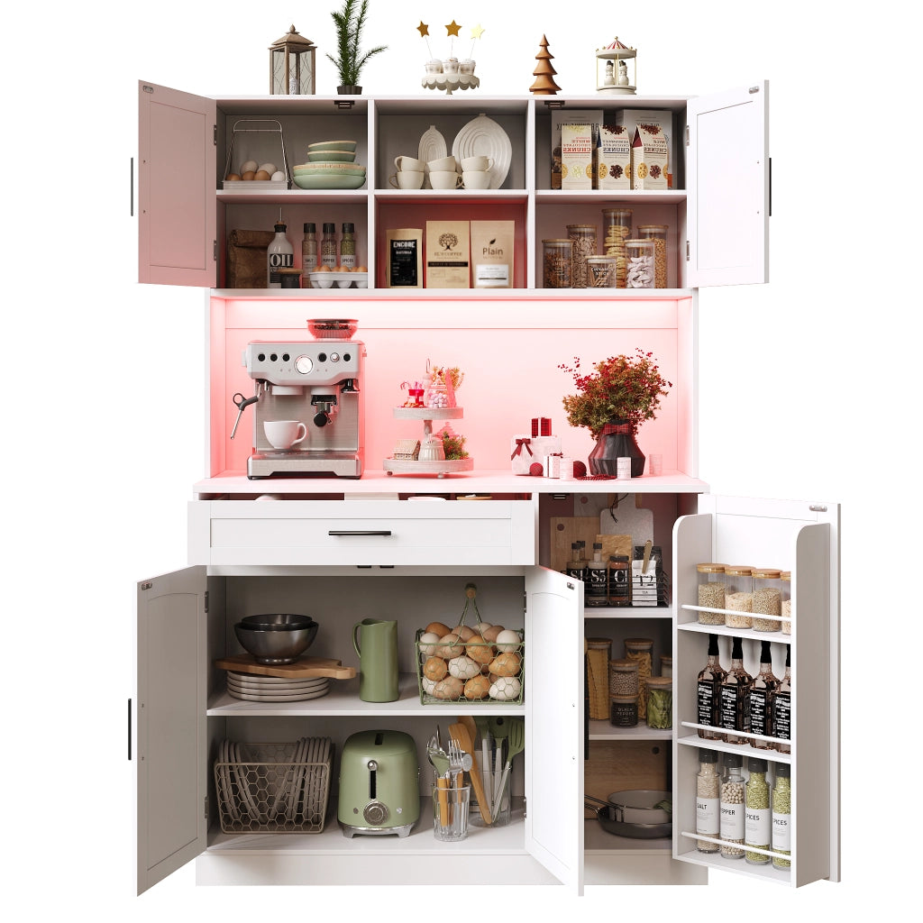 Armadio laterale cucina - Zephmum- 110x38x180 cm bianco stile country cinque porte LED e presa