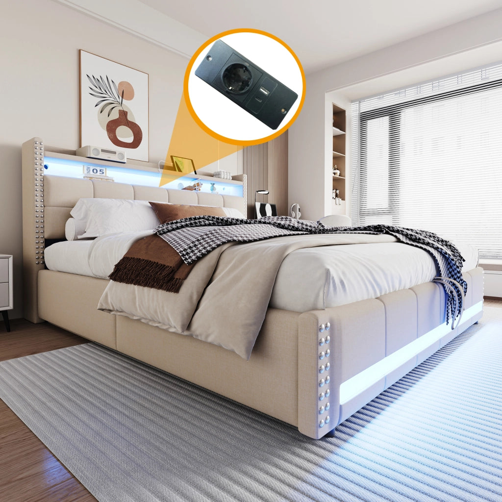 Letto Contenitore Matrimoniale 180x200 cm; con USB; LED e mensole - in Lino - Beige
