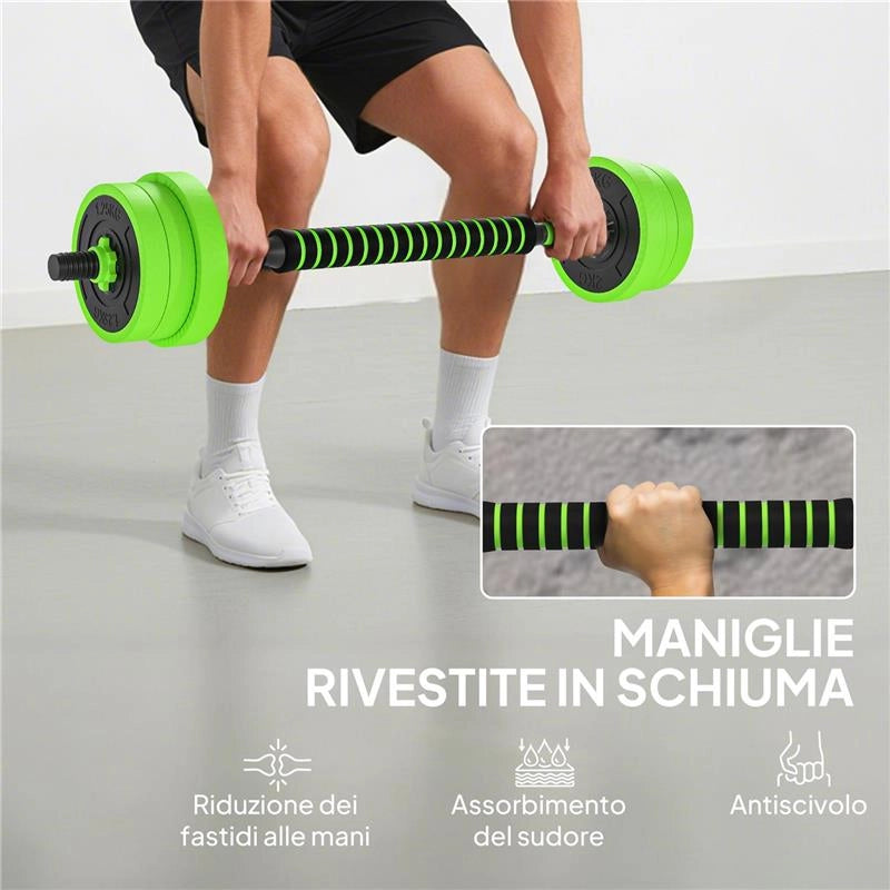 SET PESI DA PALESTRA 4 IN 1 DA 20KG, CONVERTIBILE IN KETTLEBELL, 2 MANUBRI, BILANCIERE E SUPPORTO FLESSIONI, VERDE