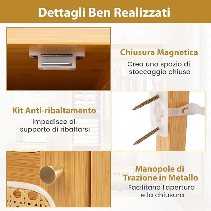 Appendiabiti in Bambù, Porta Abiti con Armadietto Mensola e Cassetti, Organizzatore di Armadio Autoportante per Ingresso Camera da Letto, 102 x 33 x 160 cm