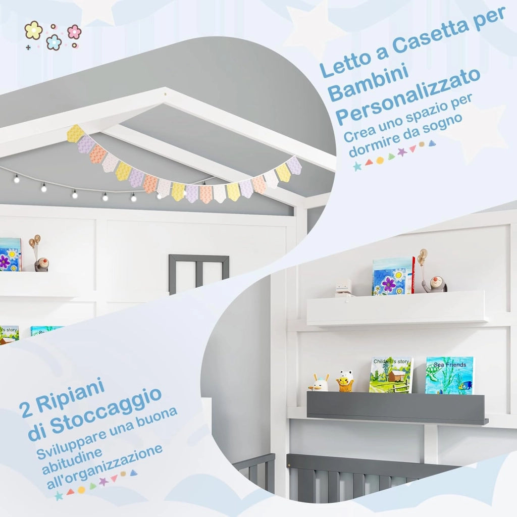 Letto per Cameretta a Forma di Cassetta 90 x 200 cm, per Bambini Struttura di Legno di Pino, Letto Casetta Montessori con 2 Ripiani Mensole e Protezione Anticaduta, Bianco e Grigio