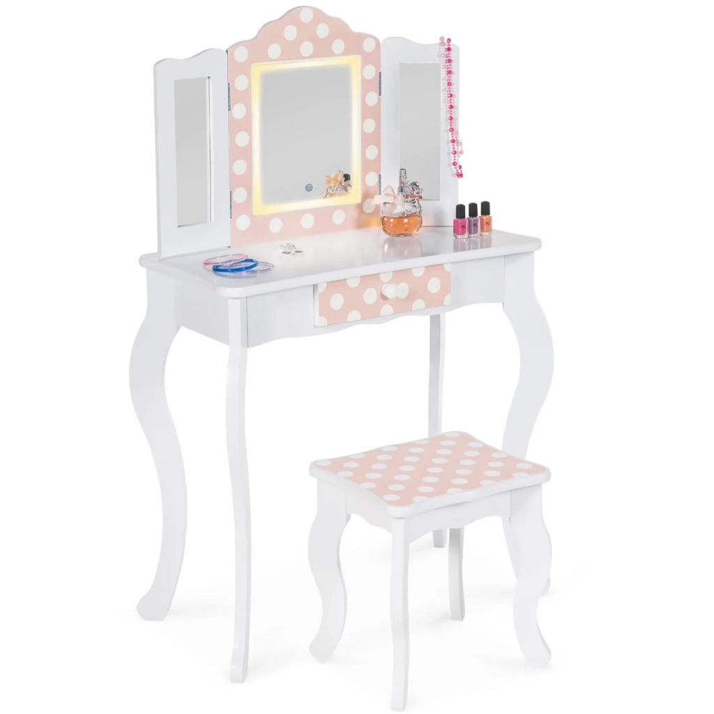 IDMarket - Tavolino per bambini a LED bianco e rosa ROZA con 3 specchi e sgabello