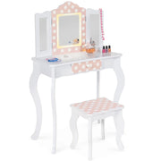 IDMarket - Tavolino per bambini a LED bianco e rosa ROZA con 3 specchi e sgabello