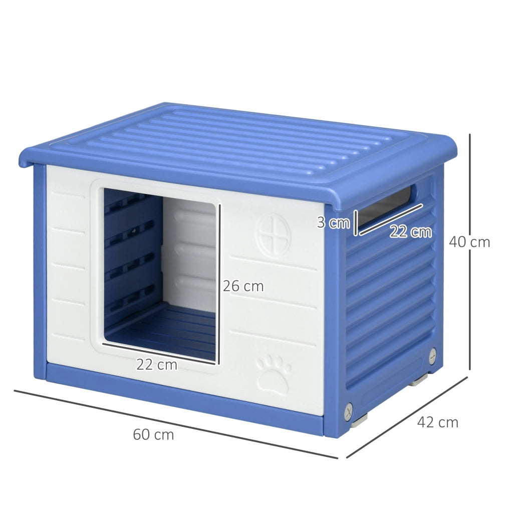 Cuccia per Cani Taglia Piccola da Esterno in PE con Ingresso e 2 Prese d'Aria Laterali, 60x42x40 cm, Blu e Bianco