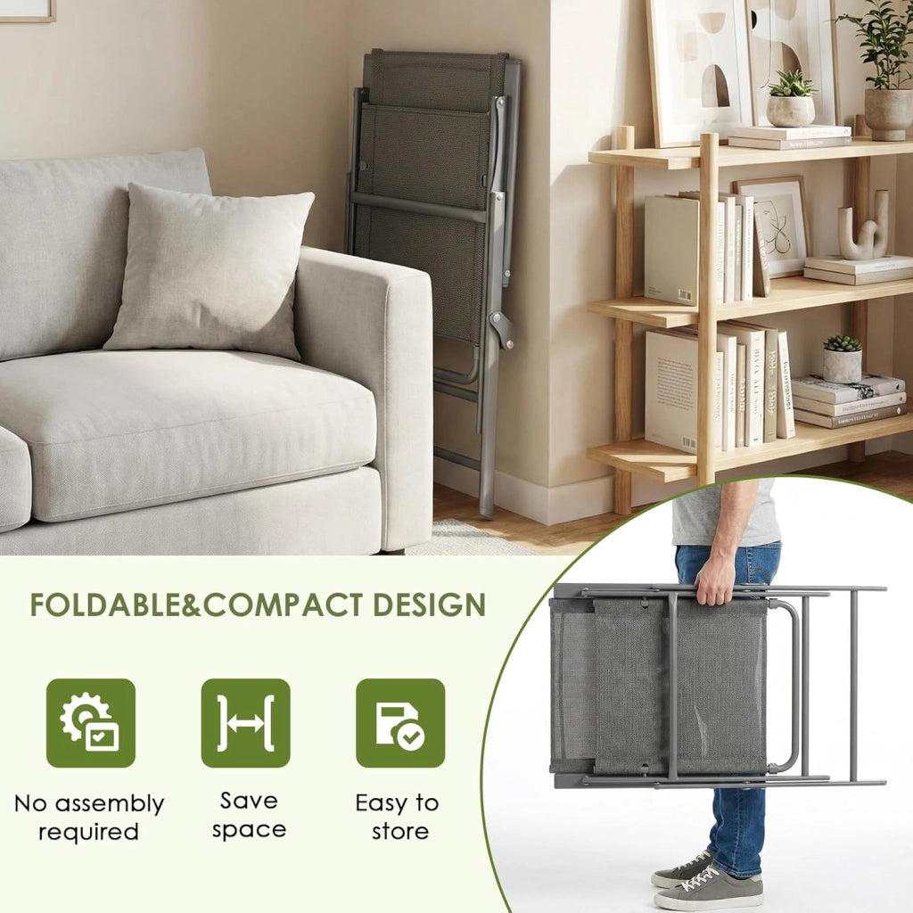 Set di 2 Sedie da Giardino Pieghevoli, Sedie da Campeggio con Schienale e Braccioli, Struttura in Metallo, Portata 120kg, Sedia Pieghevole Leggera per Balcone, Terrazza, Grigio Scuro