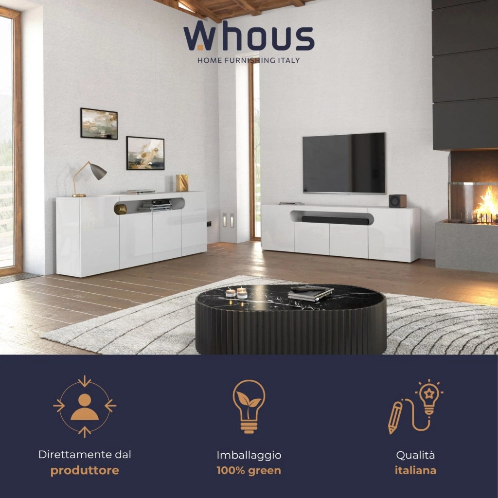 WHOUS Credenza Real con 4 ante e 1 vano aperto bianco lucido 200x40x80 cm
