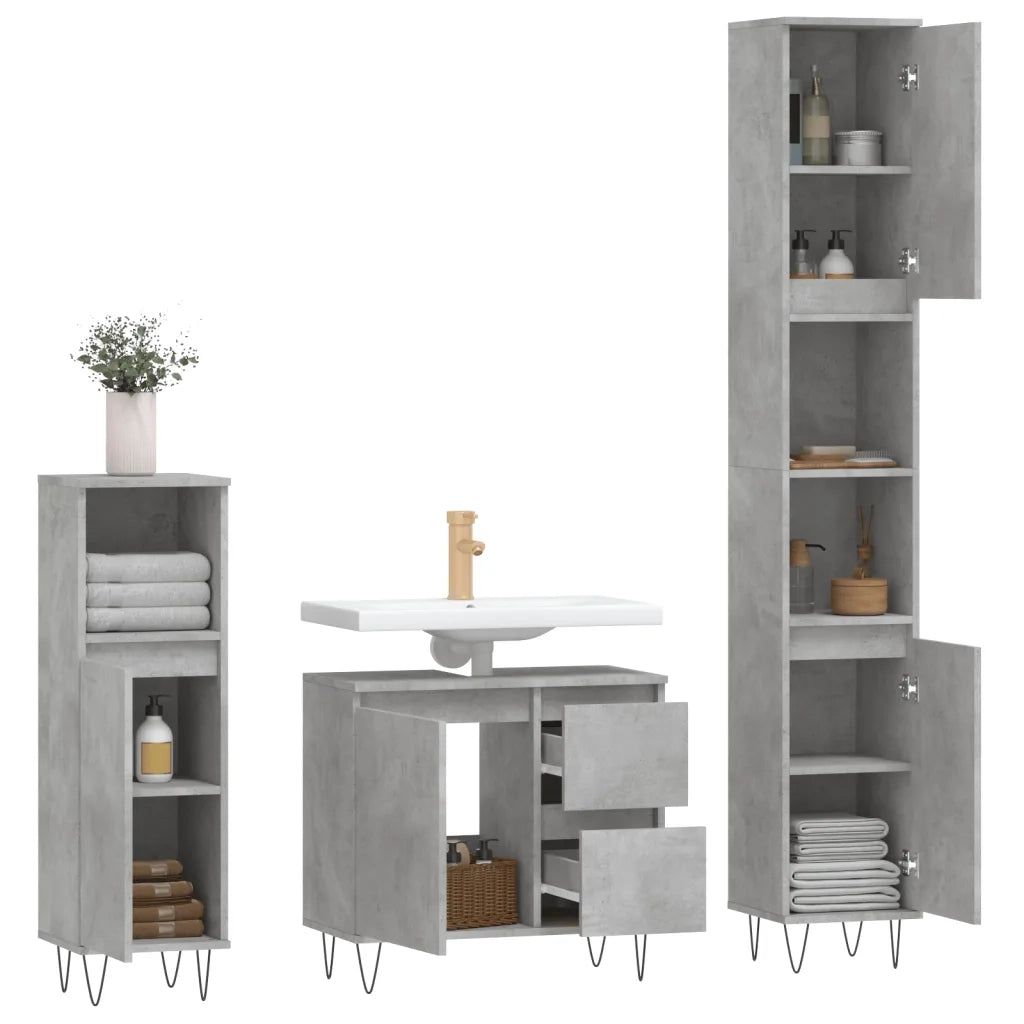 Set Mobili da Bagno 3 pz Grigio Cemento in Legno Multistrato 3190225