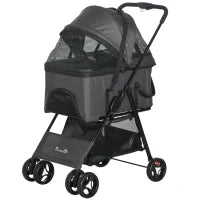 Passeggino per Cani 3 in 1 Convertibile in Borsa e Trasportino con Guinzaglio e Cuscino, Grigio