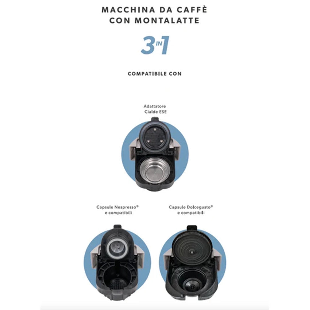 Trade Shop - Macchina Da Caffè Con Montalatte 3 In 1 1350w Multifunzione Adattatori Per Capsule Cialde -