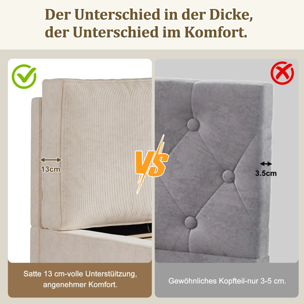 Letto contenitore matrimoniale 180 × 200 cm con sollevamento idraulico, senza materasso, in cord, beige